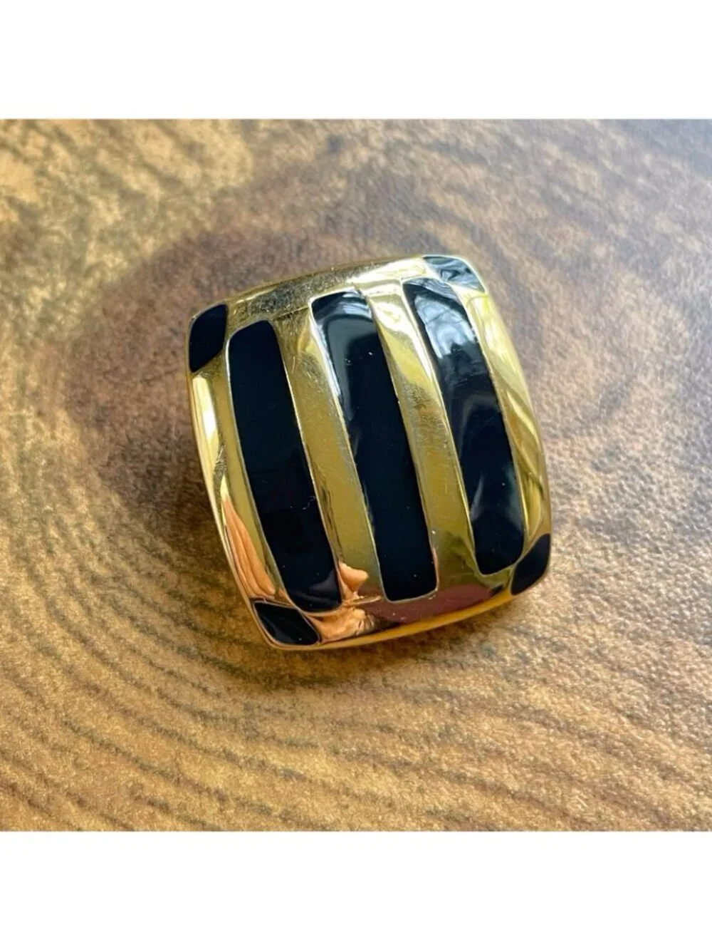 Vintage 1980s Modernist Earrings Glam Gold Tone Black Enamel Clip On Square